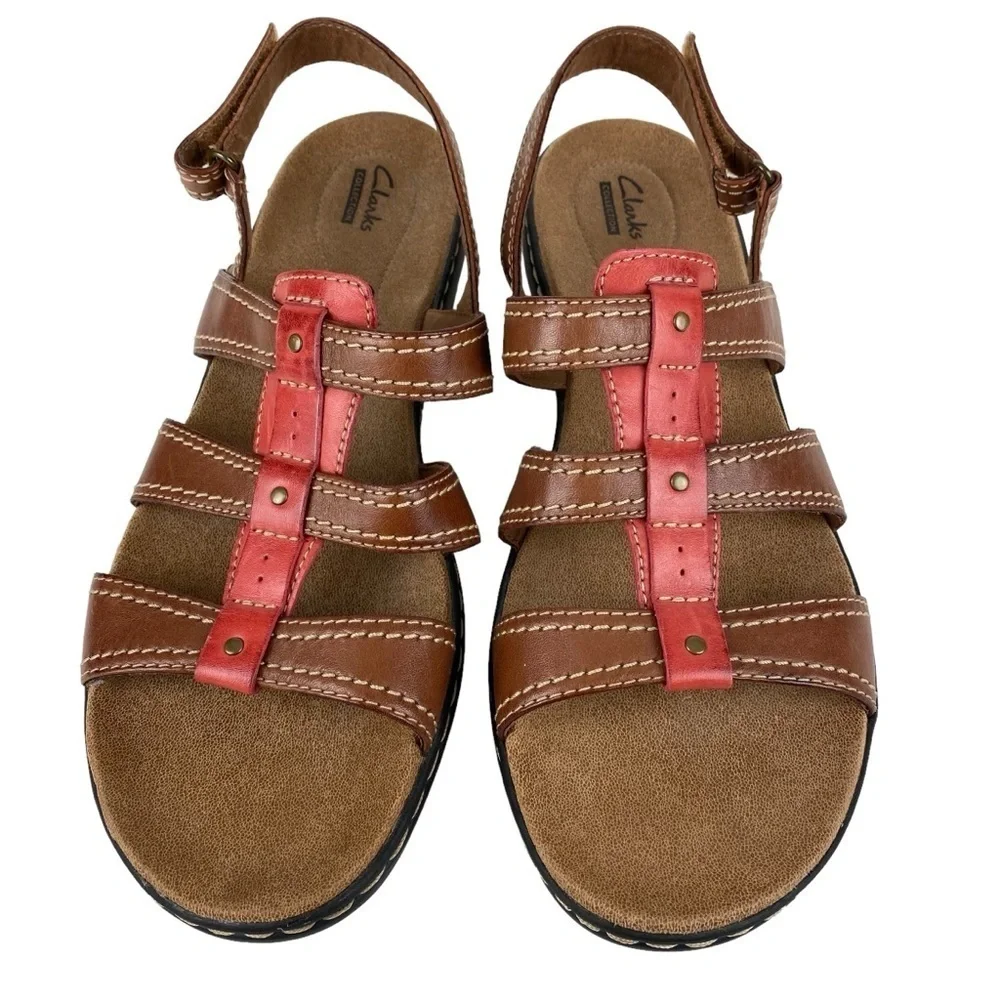 Clarks Brown Leather Sandals Slingback Pink  Women’s Size 12 Hook Loop Adj